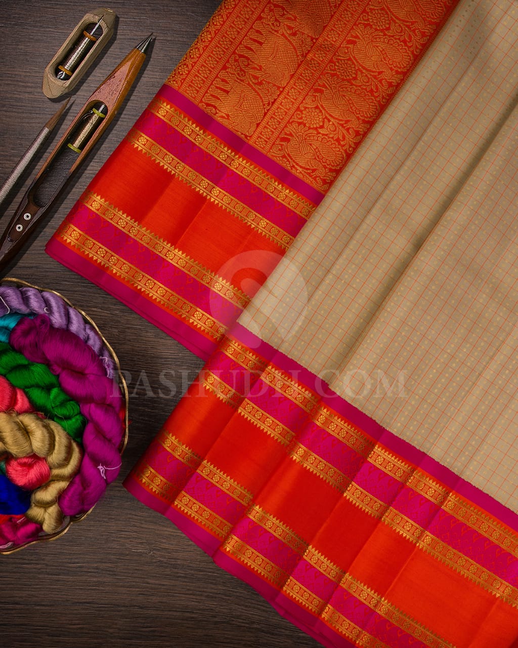 Beige,Orange & Rani Pink Pure Zari Kanjivaram Silk Saree-SP3