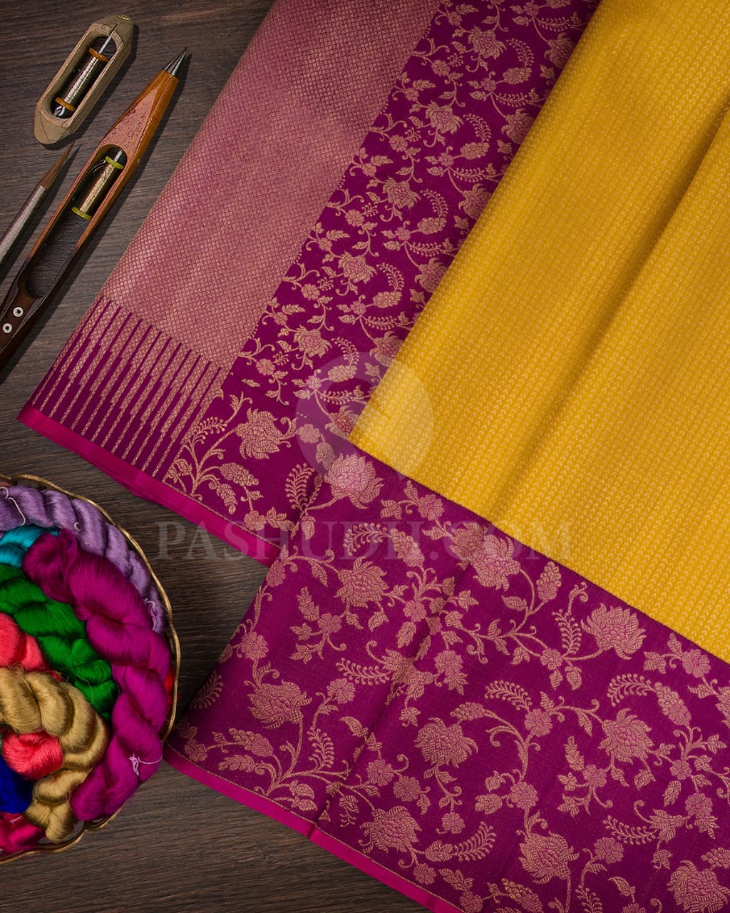 Mustard Yellow & Purple Kanjivaram Silk Saree-S1070(I)