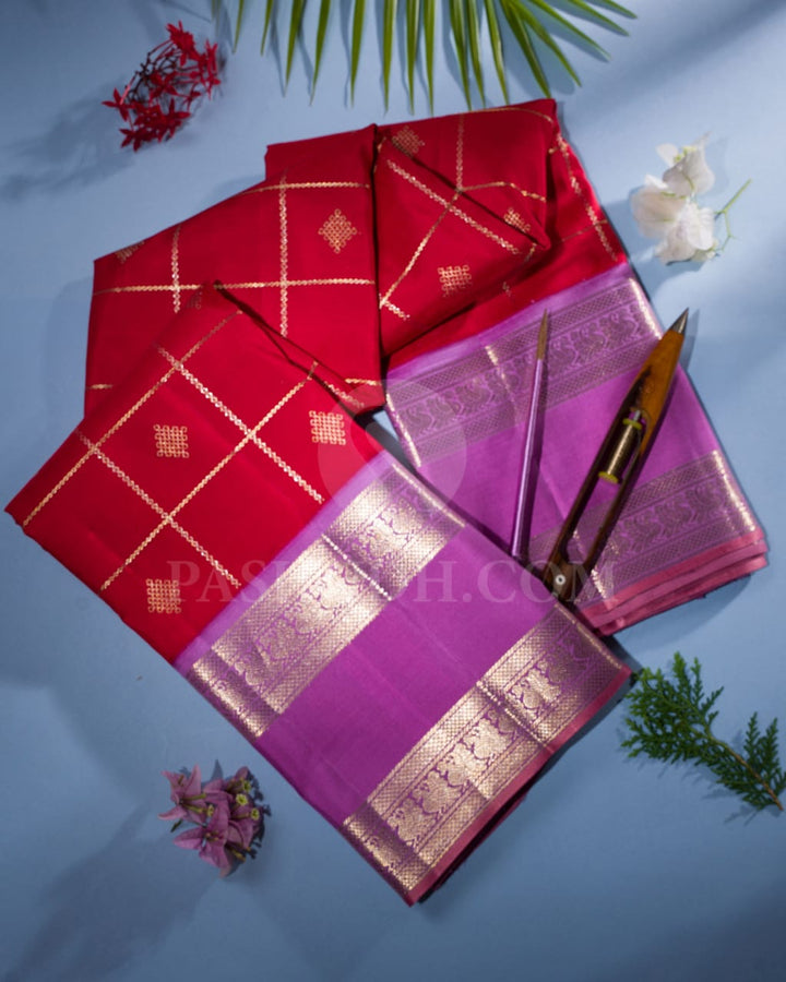 Red & Lavender Kanjivaram Silk Saree-S1443(A)