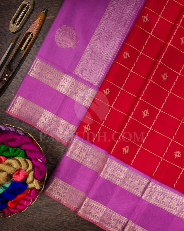 Red & Lavender Kanjivaram Silk Saree-S1443(A)