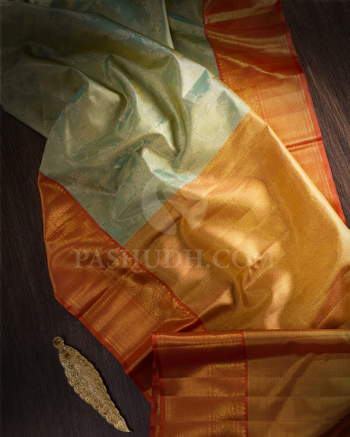 Sky Blue And Rust Orange Bridal Kanjivaram Silk Saree - S1416(C)