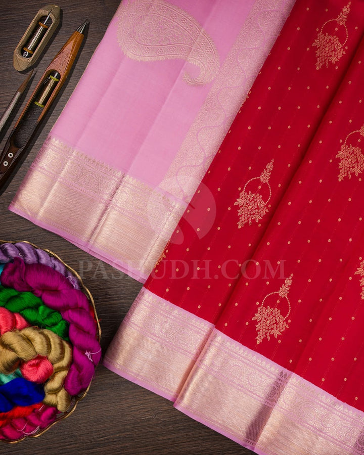 Red & Mild Baby Pink Kanjivaram Silk Saree-S1173(D)