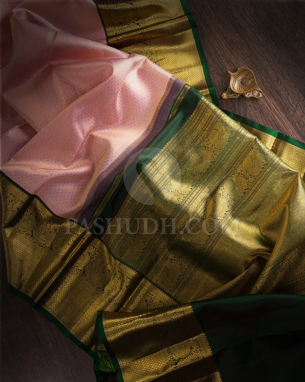 Pastel Baby Pink & Bottle Green Bridal Pure Zari Kanjivaram Silk Saree-SP31