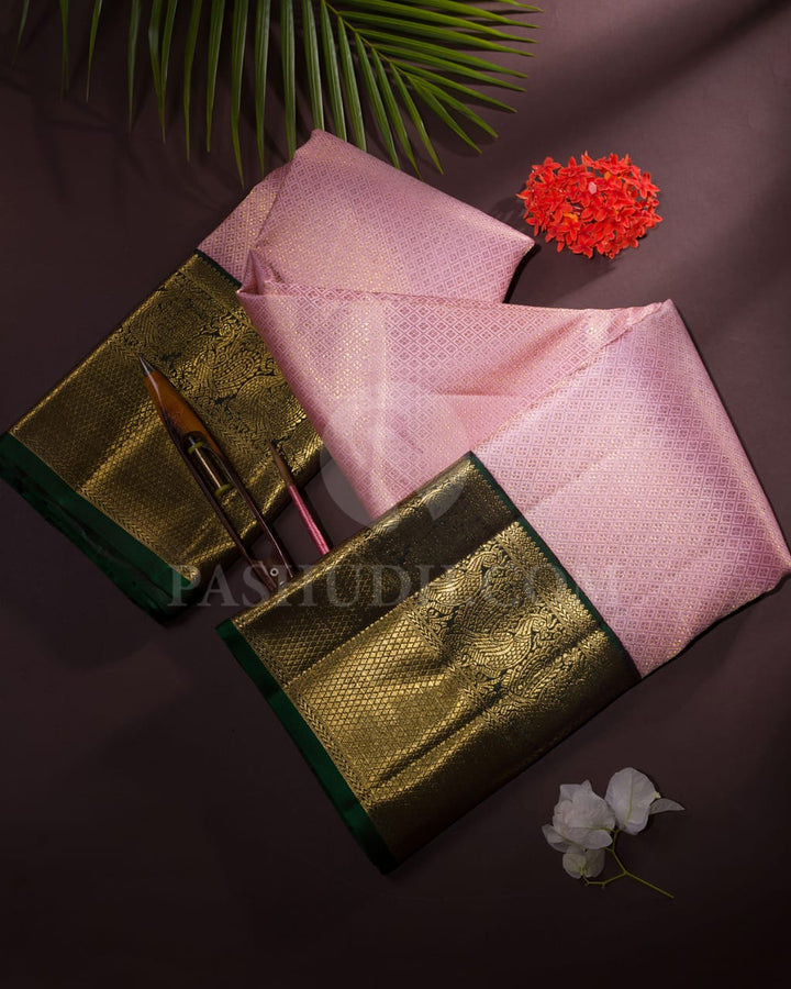 Pastel Baby Pink & Bottle Green Bridal Pure Zari Kanjivaram Silk Saree-SP31