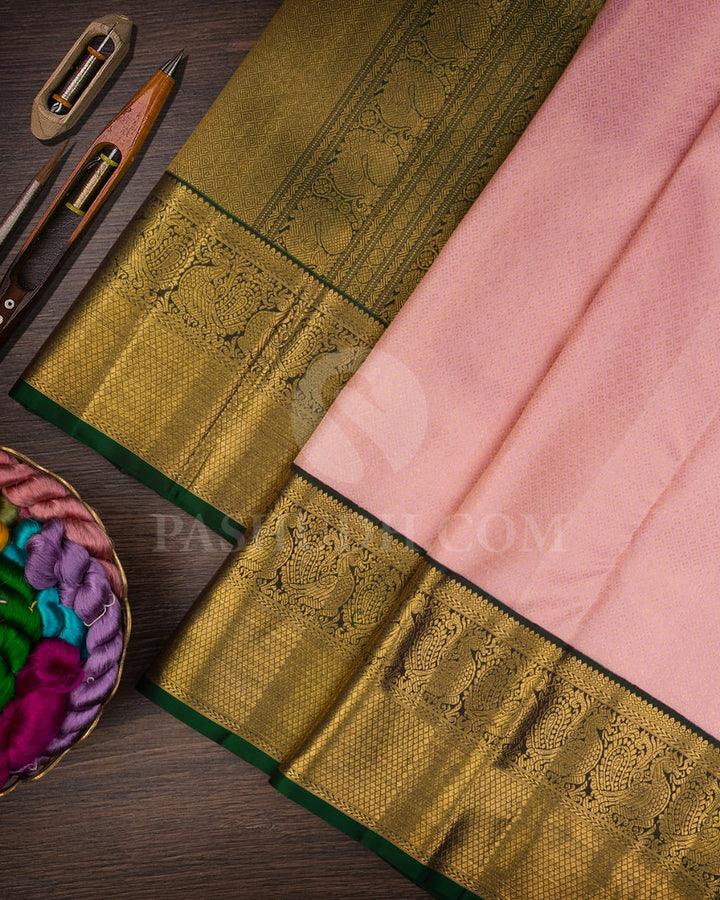 Pastel Baby Pink & Bottle Green Bridal Pure Zari Kanjivaram Silk Saree-SP31
