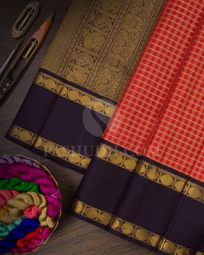 Dark Orange & Aubergine Pure Kanjivaram Silk saree - SP68