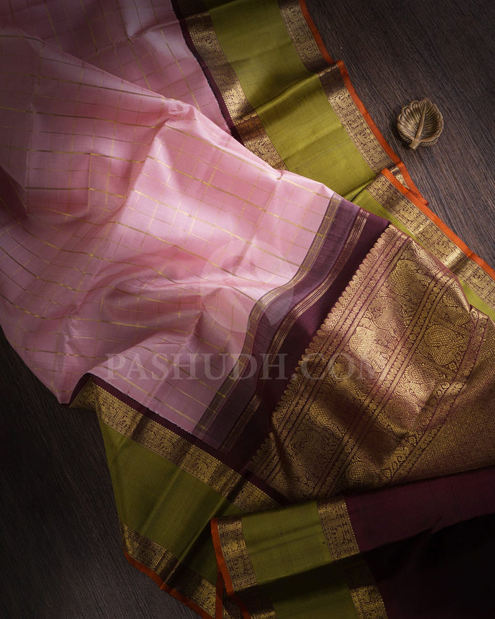 Pastel Baby Pink & Brown Pure Kanjivaram Silk Saree-SP83