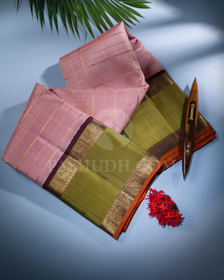 Pastel Baby Pink & Brown Pure Kanjivaram Silk Saree-SP83