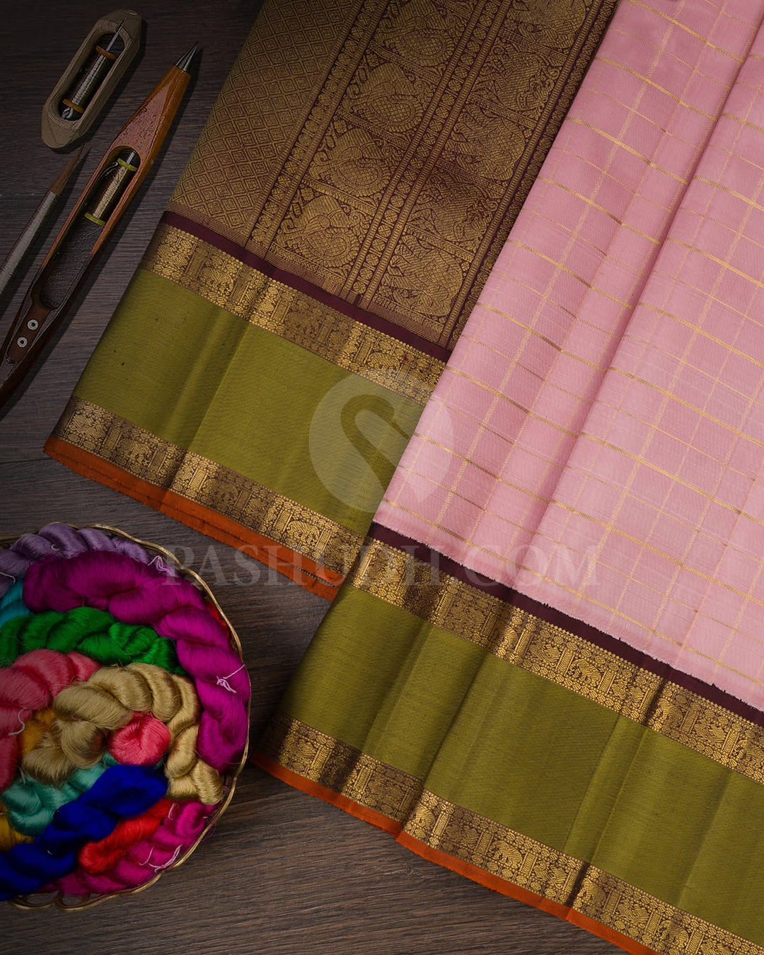 Pastel Baby Pink & Brown Pure Kanjivaram Silk Saree-SP83
