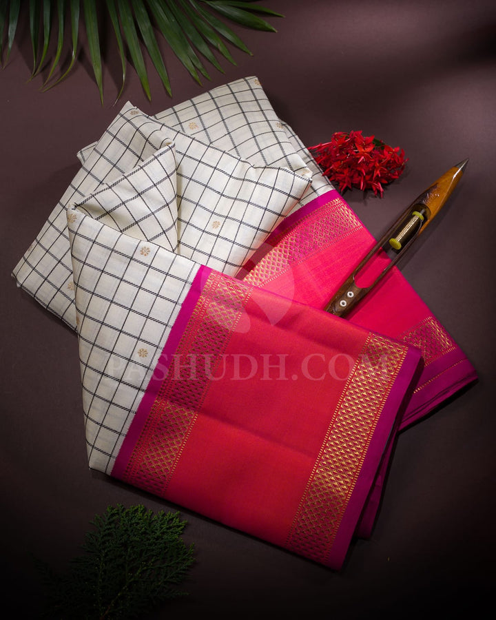 Half White & Rani Pink Pure Kanjivaram Silk Saree-SP86