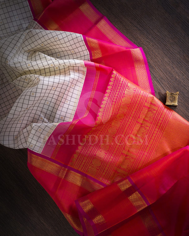 Half White & Rani Pink Pure Kanjivaram Silk Saree-SP86
