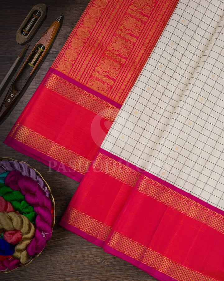 Half White & Rani Pink Pure Kanjivaram Silk Saree-SP86