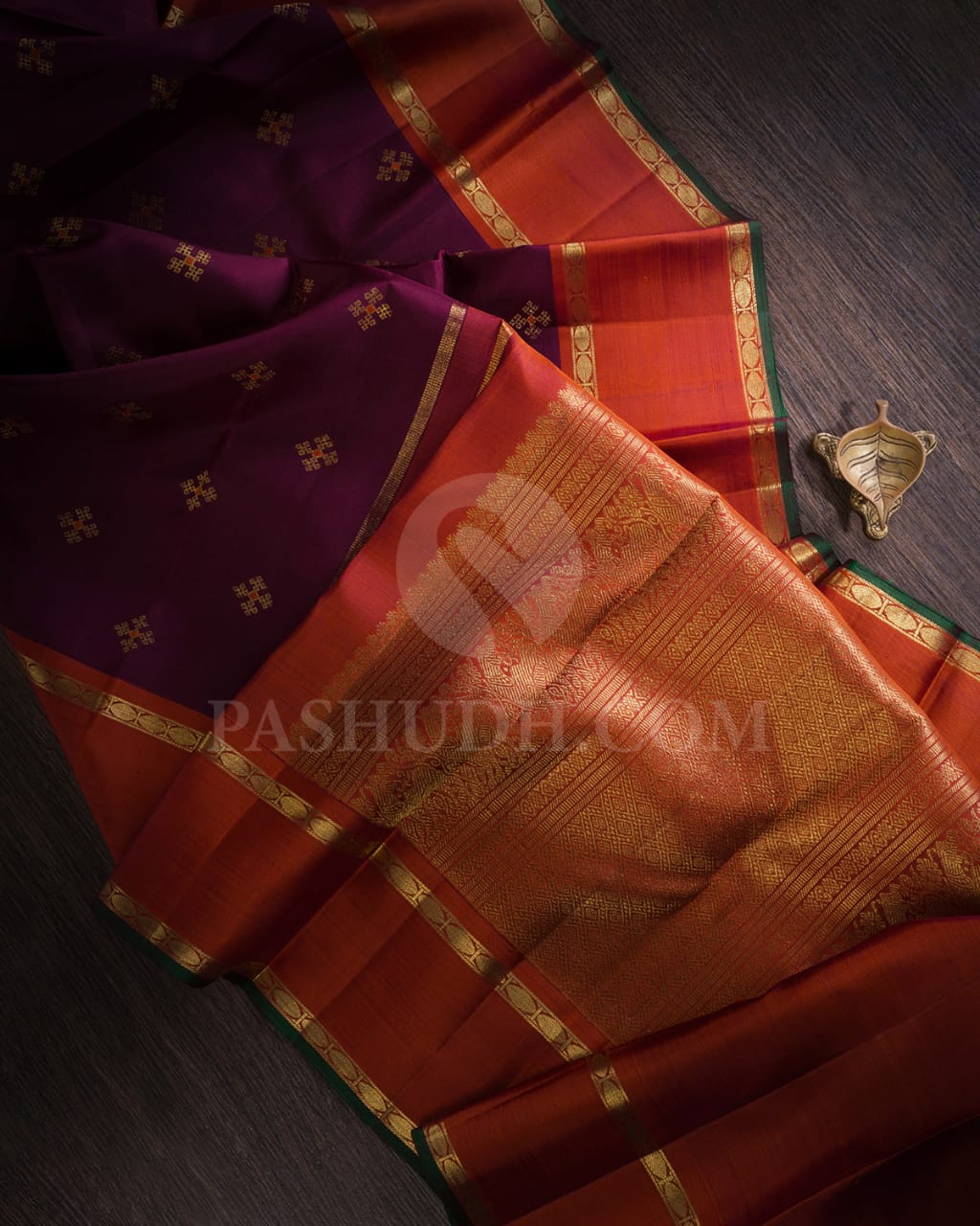 Brown And Rust Orange Pure Kanjivaram Silk Saree-SP77