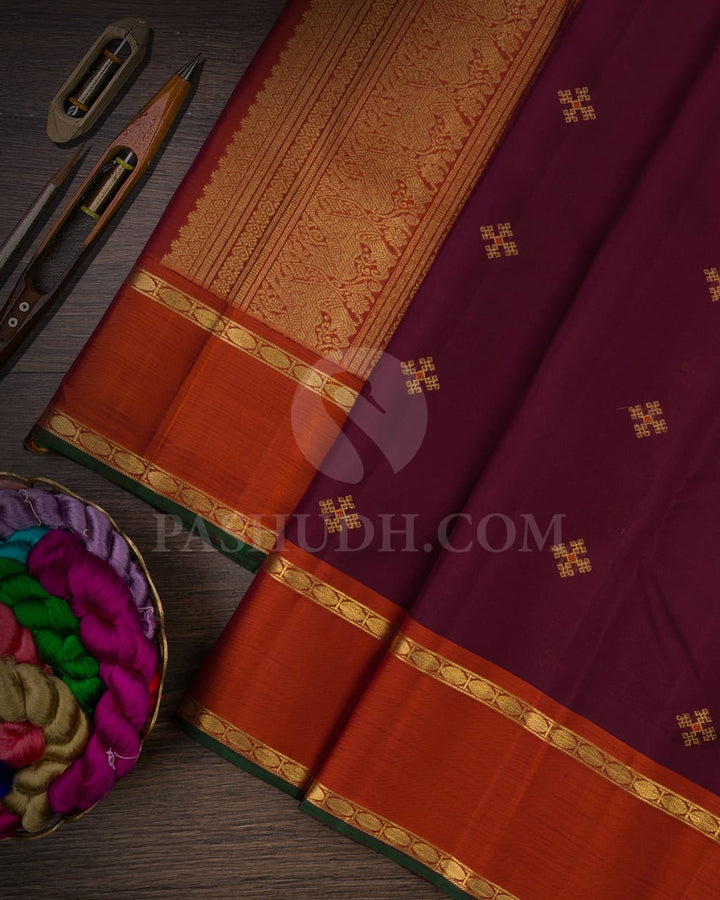 Brown And Rust Orange Pure Kanjivaram Silk Saree-SP77