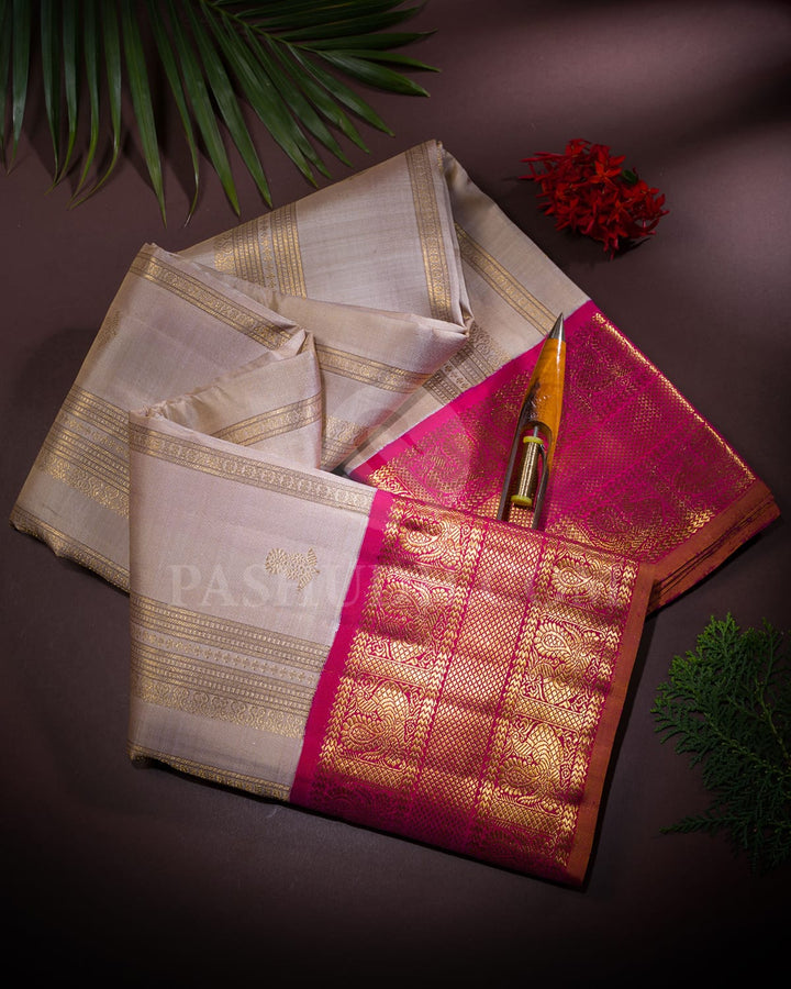 Beige & Rani Pink Kanjivaram Silk Saree-S1333(C)