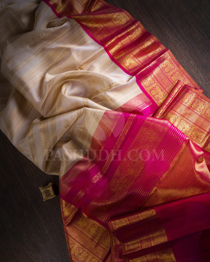 Beige & Rani Pink Kanjivaram Silk Saree-S1333(C)
