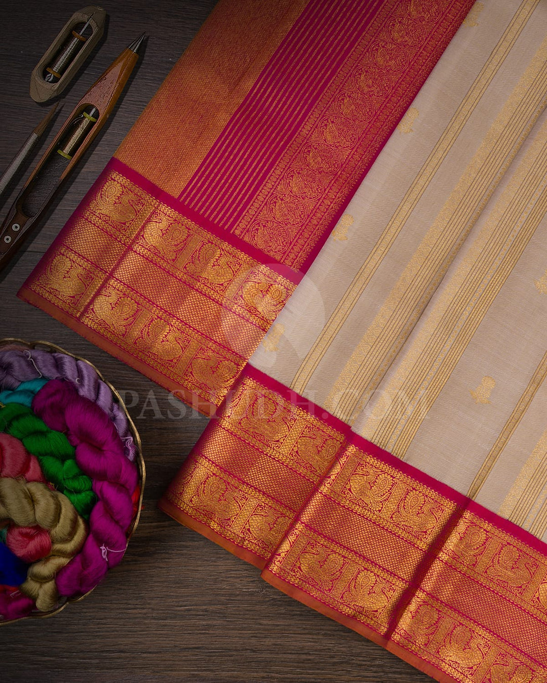Beige & Rani Pink Kanjivaram Silk Saree-S1333(C)