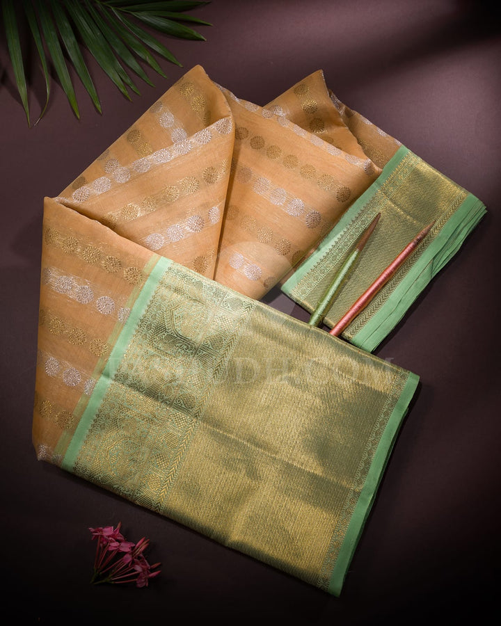 Mild Peach Kora Organza With Pista Green Kanjivaram Silk Saree-SP59