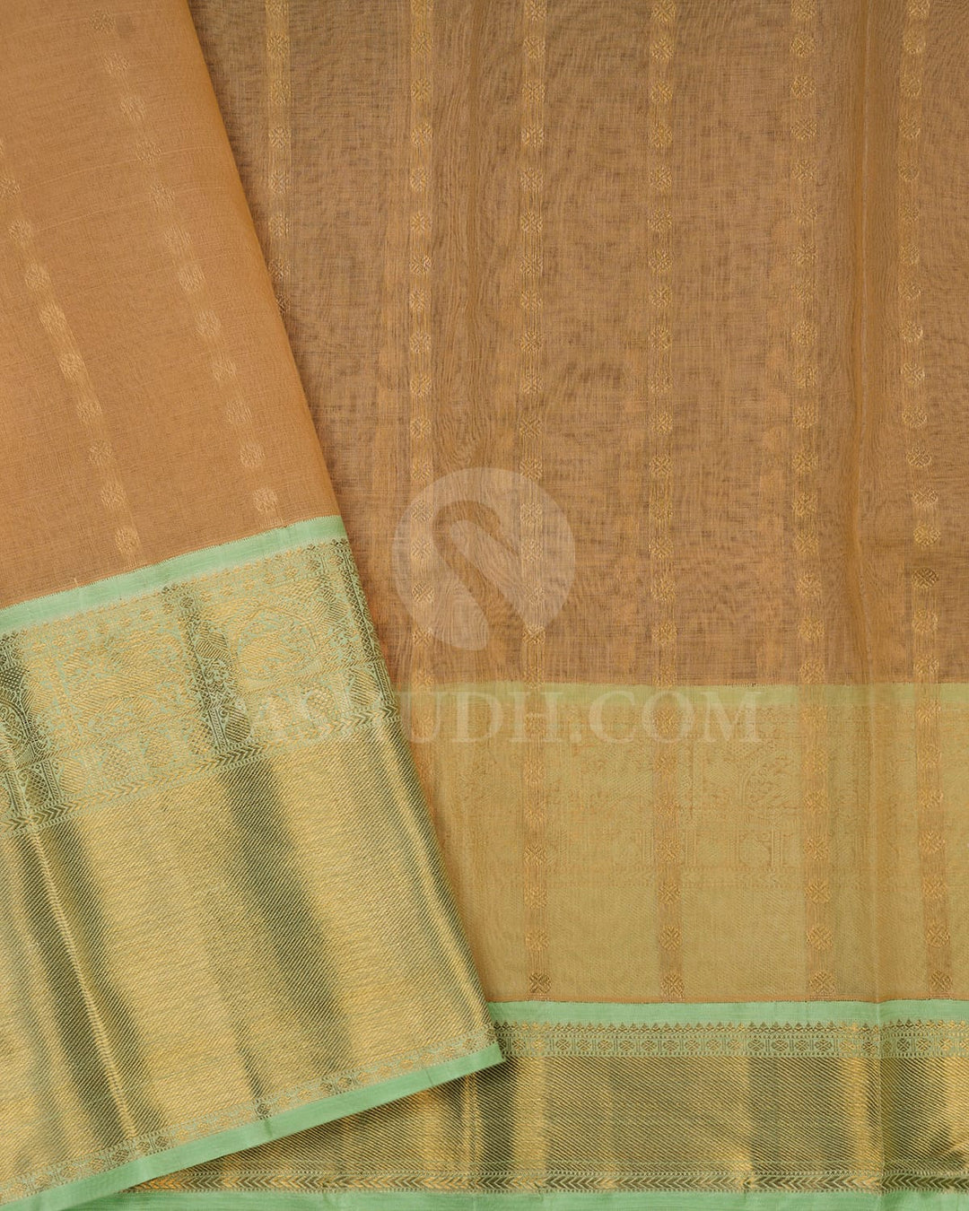 Mild Peach Kora Organza With Pista Green Kanjivaram Silk Saree-SP59