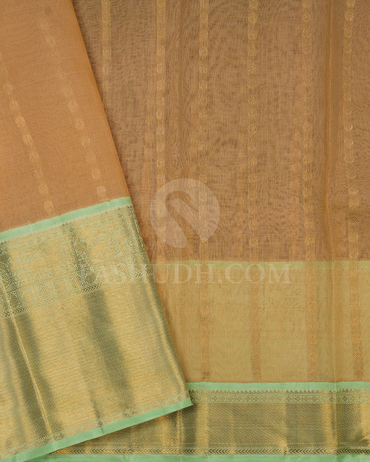 Mild Peach Kora Organza With Pista Green Kanjivaram Silk Saree-SP59