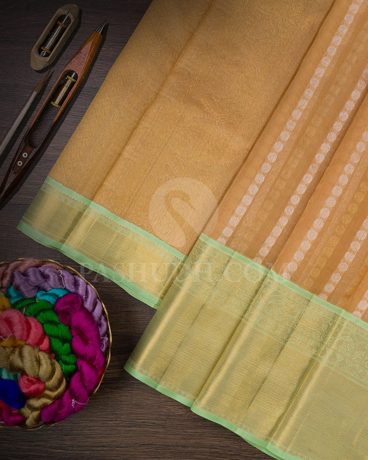 Mild Peach Kora Organza With Pista Green Kanjivaram Silk Saree-SP59