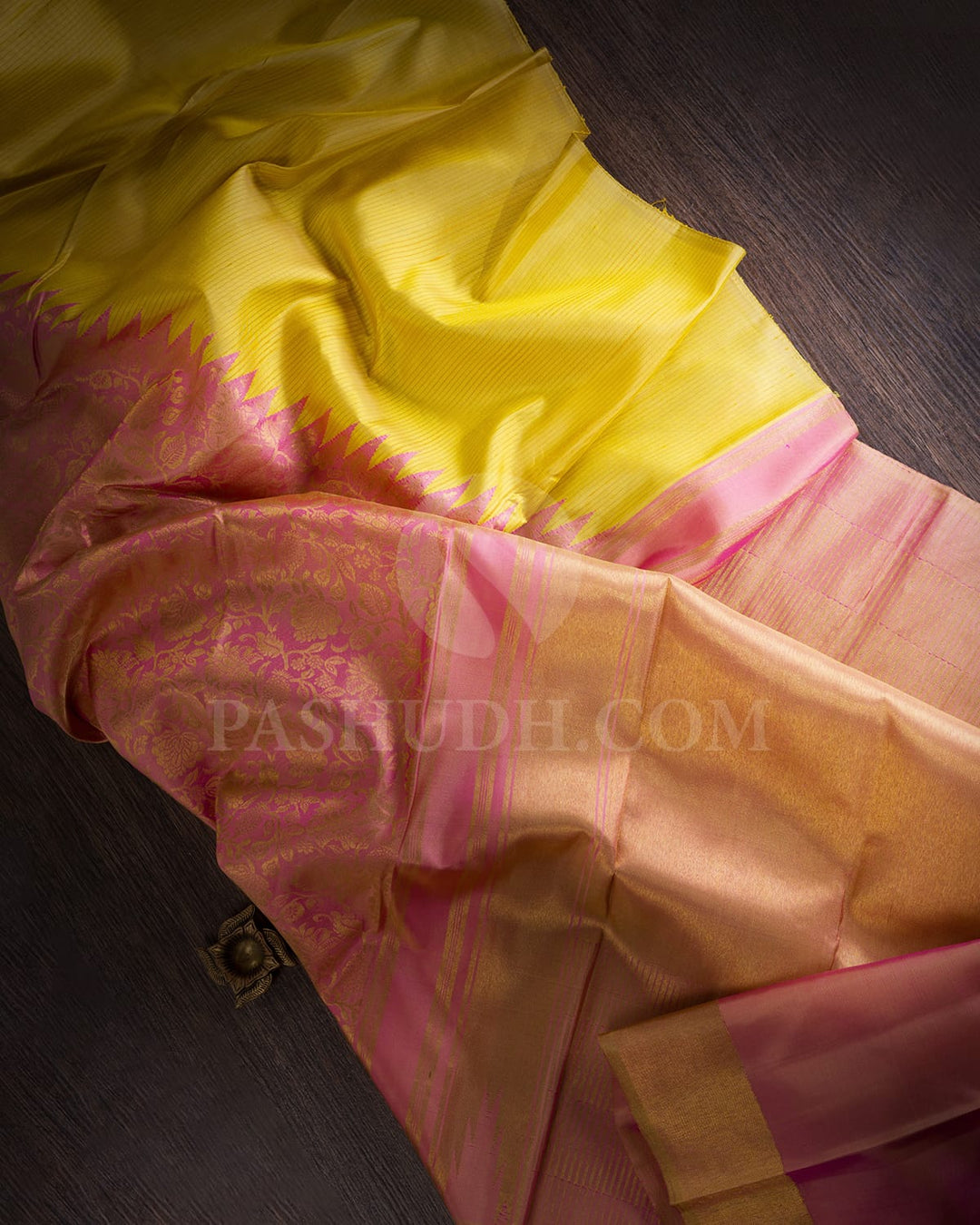 Mustard Yellow & Baby Pink Kanjivaram Silk Saree-S1063(C)
