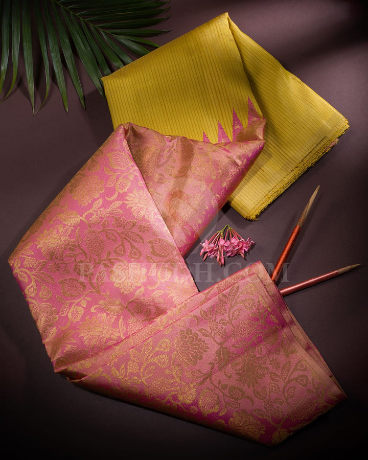 Mustard Yellow & Baby Pink Kanjivaram Silk Saree-S1063(C)