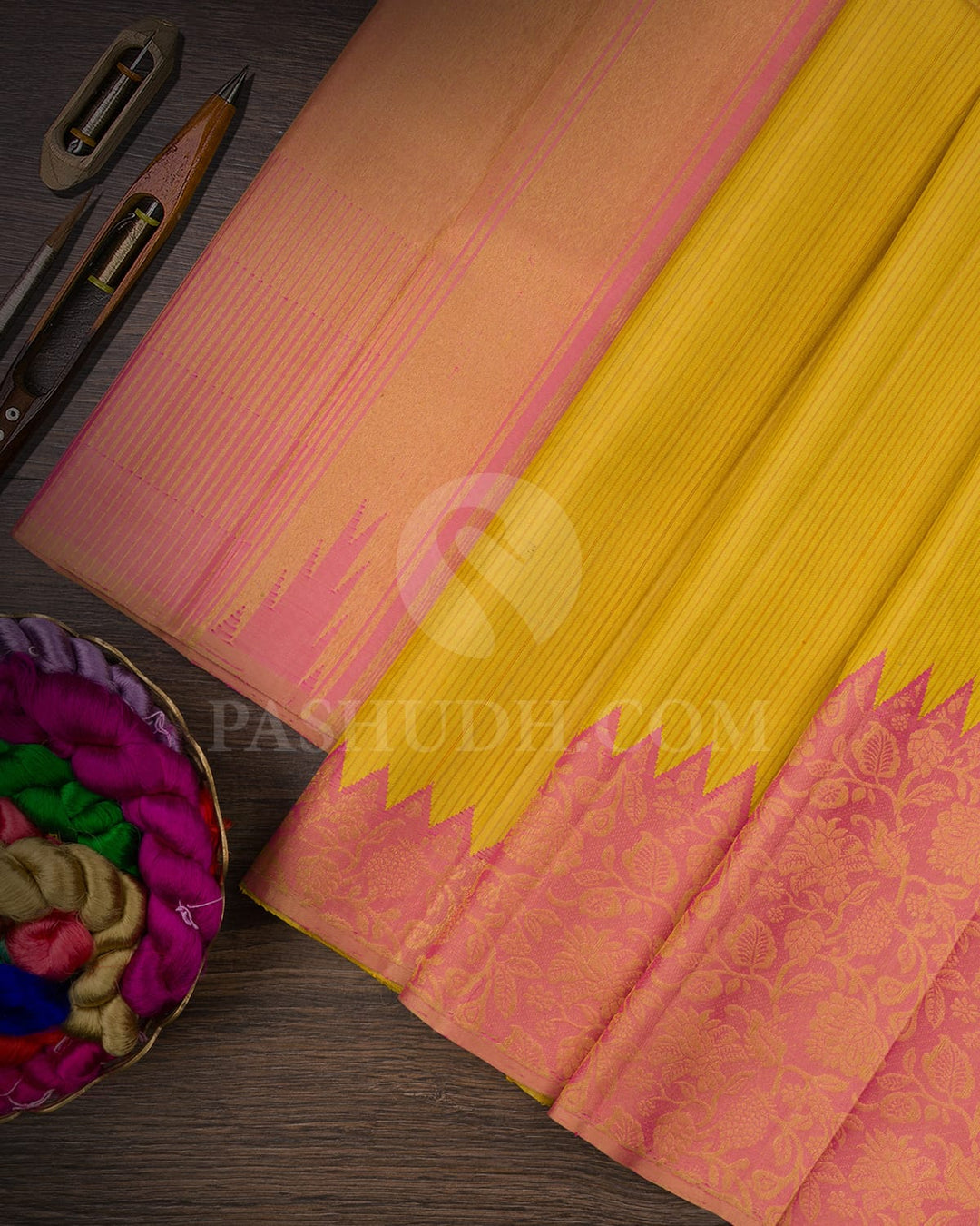 Mustard Yellow & Baby Pink Kanjivaram Silk Saree-S1063(C)