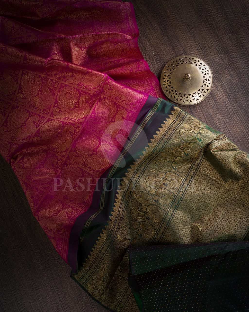 Half White,Rani Pink & Bottle Green Traditional Borderless Pure Kanjivaram Silk Saree-SP82