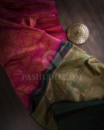 Half White,Rani Pink & Bottle Green Traditional Borderless Pure Kanjivaram Silk Saree-SP82