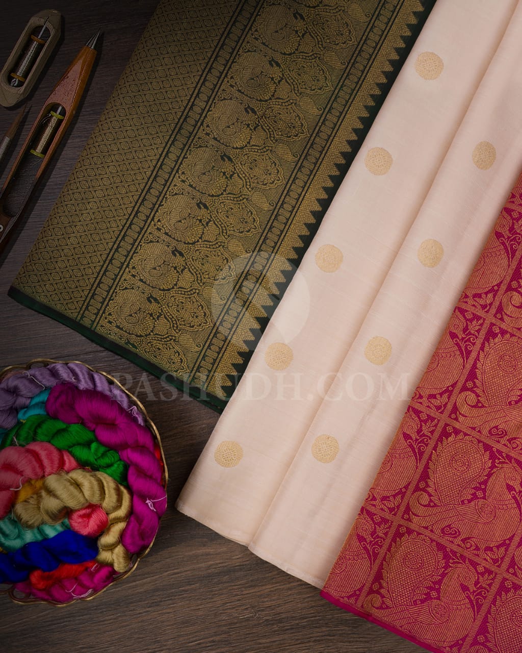 Half White,Rani Pink & Bottle Green Traditional Borderless Pure Kanjivaram Silk Saree-SP82