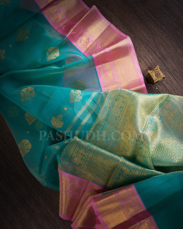Turquoise Blue & Baby Pink  Kanjivaram Silk Saree-SP63