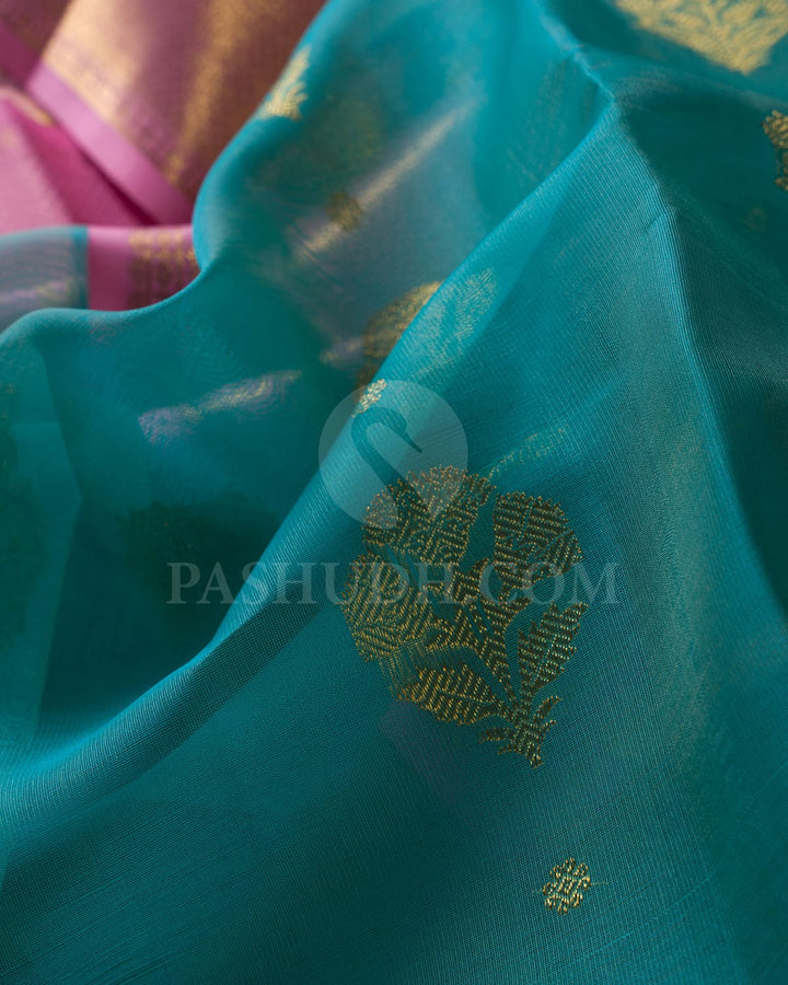 Turquoise Blue & Baby Pink  Kanjivaram Silk Saree-SP63