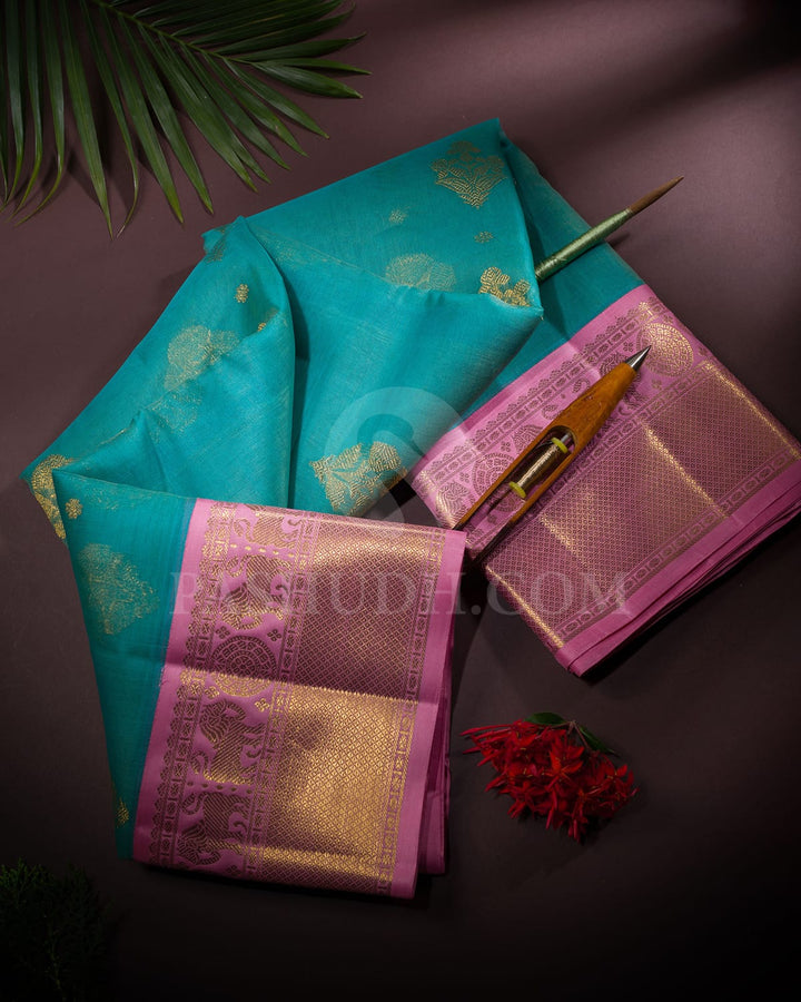 Turquoise Blue & Baby Pink  Kanjivaram Silk Saree-SP63