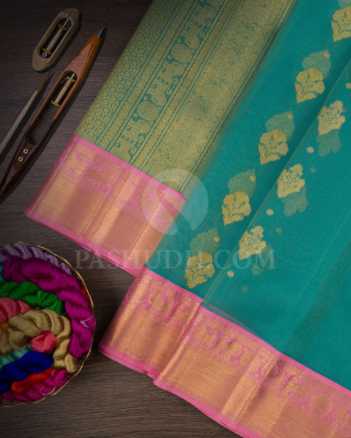 Turquoise Blue & Baby Pink  Kanjivaram Silk Saree-SP63