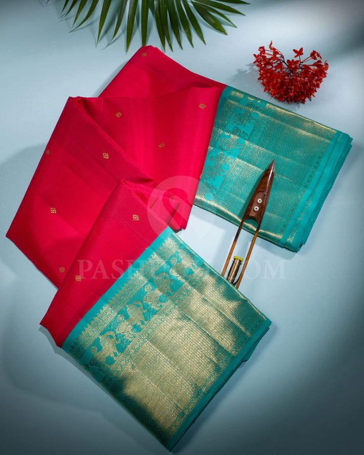 Red & Turquoise Blue Pure Kanjivaram Silk Saree-SP52