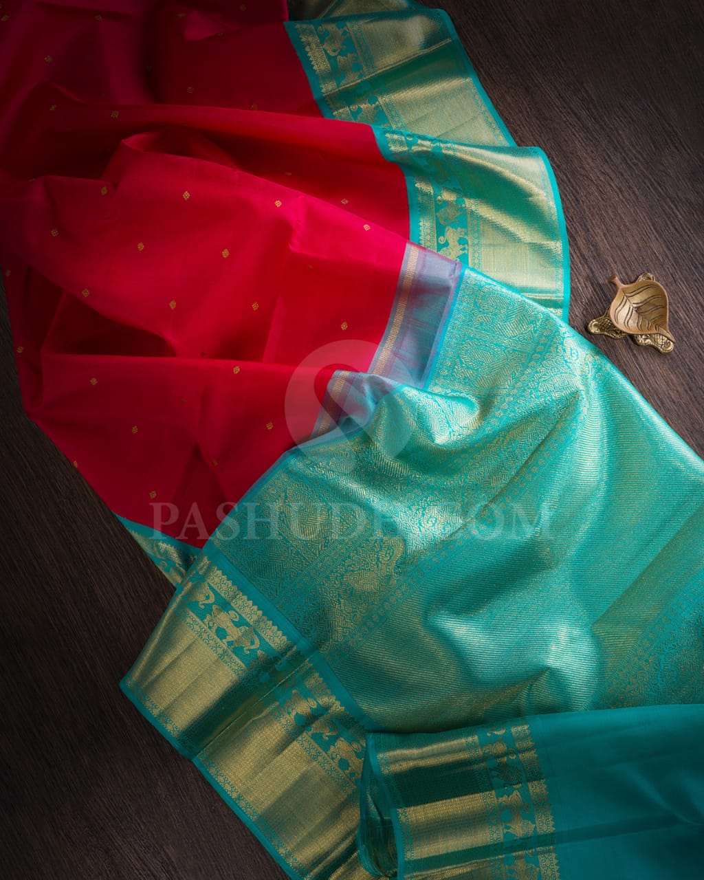 Red & Turquoise Blue Pure Kanjivaram Silk Saree-SP52