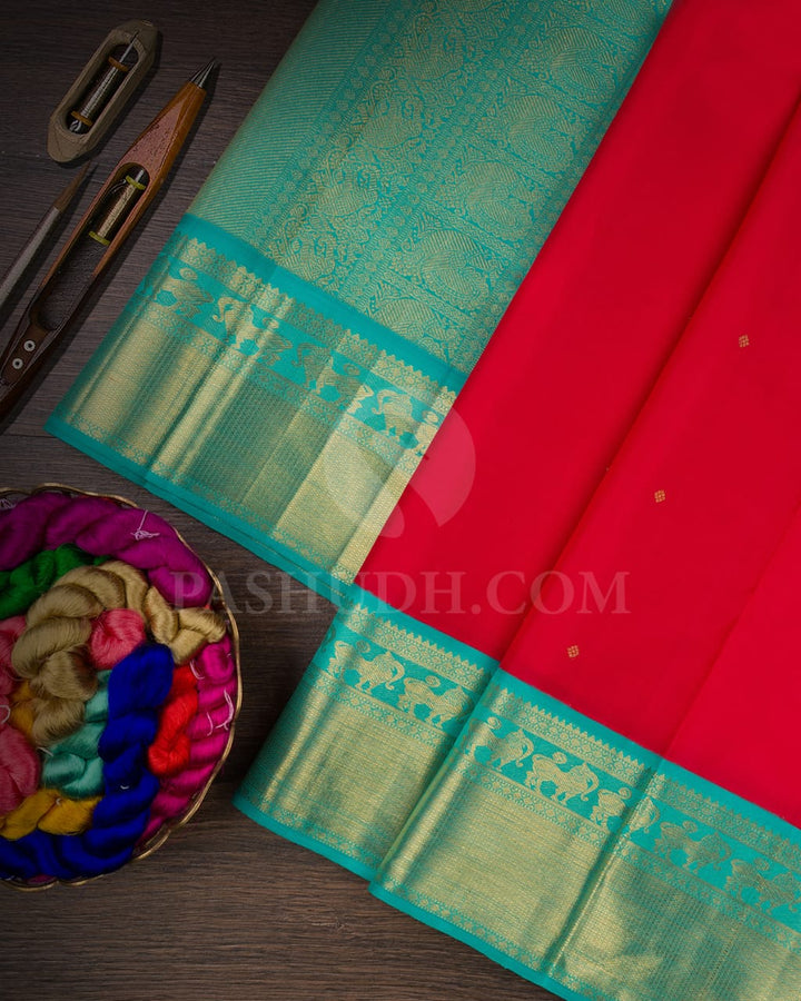 Red & Turquoise Blue Pure Kanjivaram Silk Saree-SP52