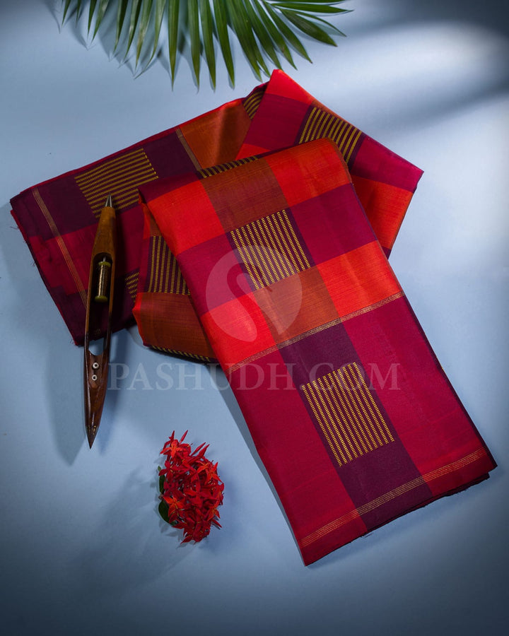 Red-Orange & Purple-Red Pure Kanjivaram Silk Saree-SP73