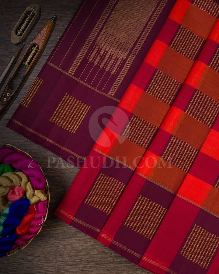 Red-Orange & Purple-Red Pure Kanjivaram Silk Saree-SP73