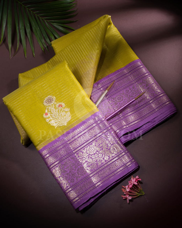 Pear Green & Lavender Kora Organza Kanjivaram Silk Saree-S1446(A)