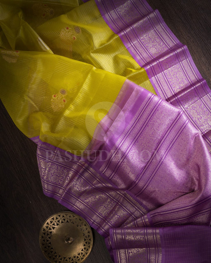 Pear Green & Lavender Kora Organza Kanjivaram Silk Saree-S1446(A)