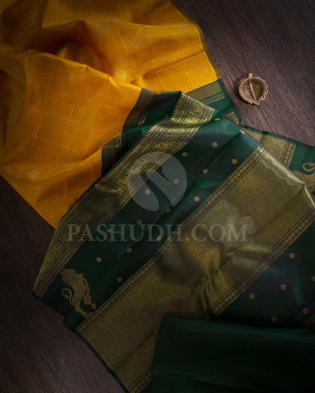 Mango Yellow & Bottle Green Pure Kanjivaram Silk Saree-SP76
