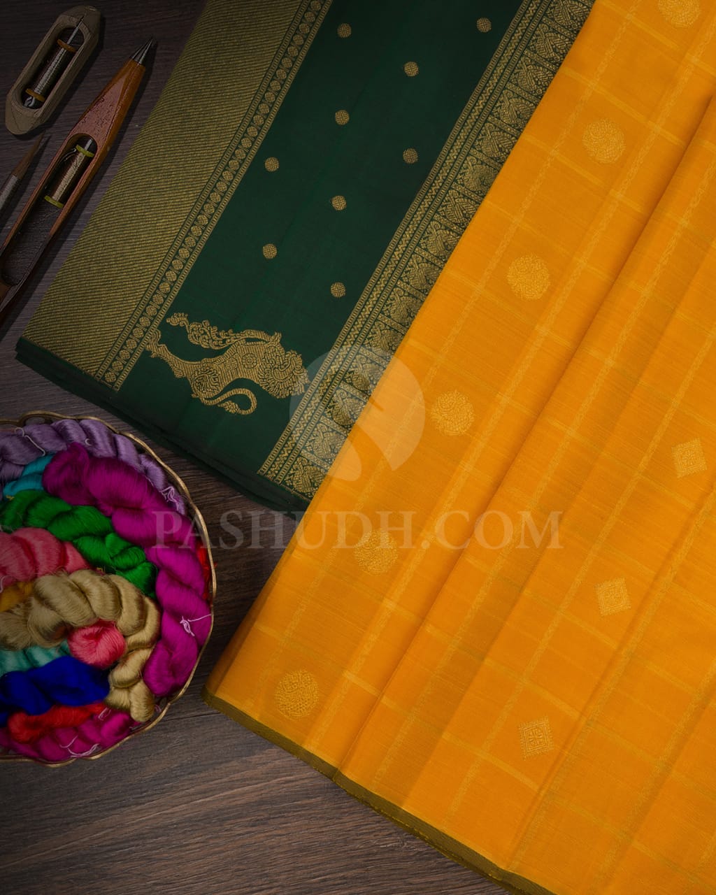 Mango Yellow & Bottle Green Pure Kanjivaram Silk Saree-SP76