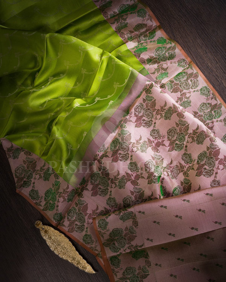 Parrot Green & Mild Baby Pink Kanjivaram Silk Saree-DJ351(H)