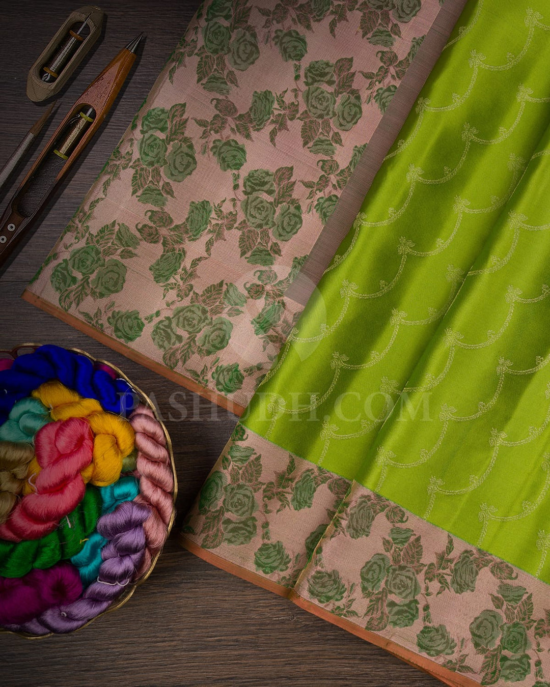 Parrot Green & Mild Baby Pink Kanjivaram Silk Saree-DJ351(H)