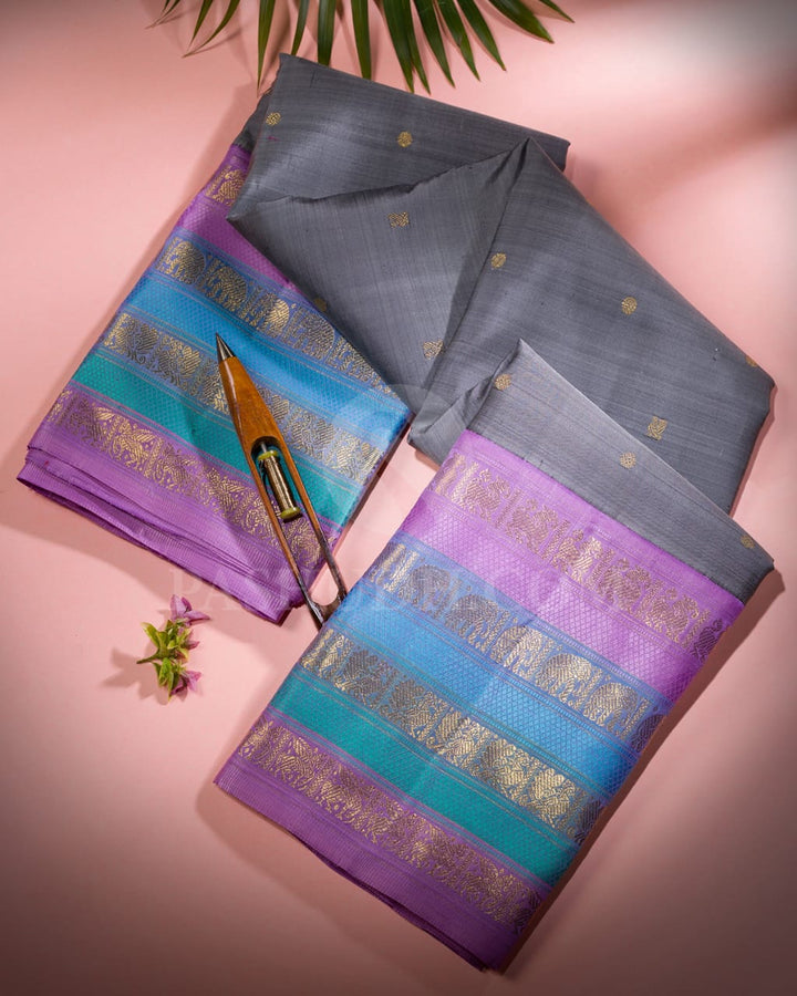 Steel Grey And Lavender Pure Kanjivaram Silk Saree-SP54