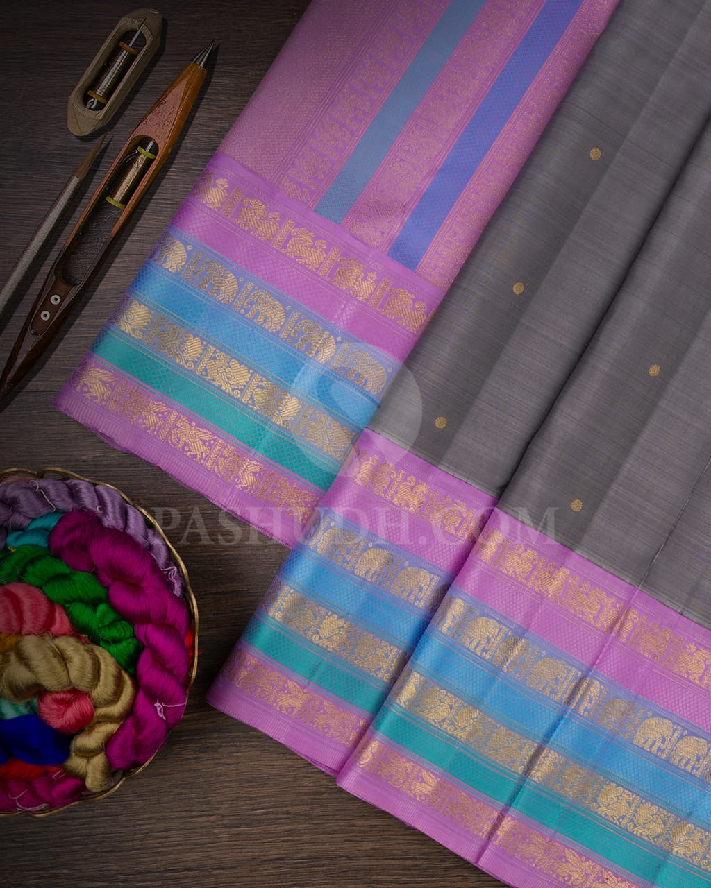 Steel Grey And Lavender Pure Kanjivaram Silk Saree-SP54