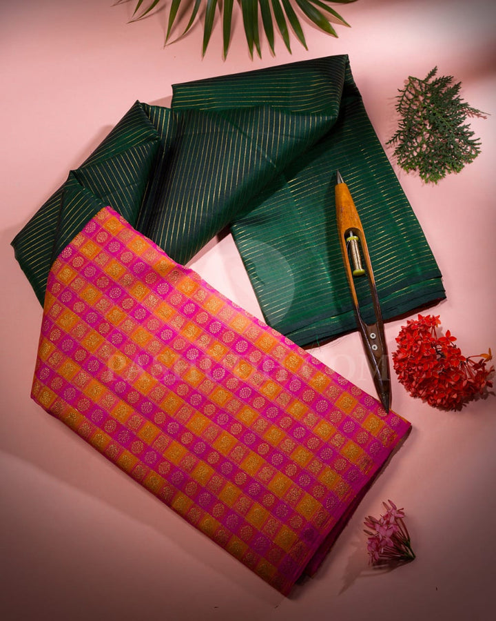 Bottle Green & Pink-Orange Kanjivaram Silk Saree-S1448(A)