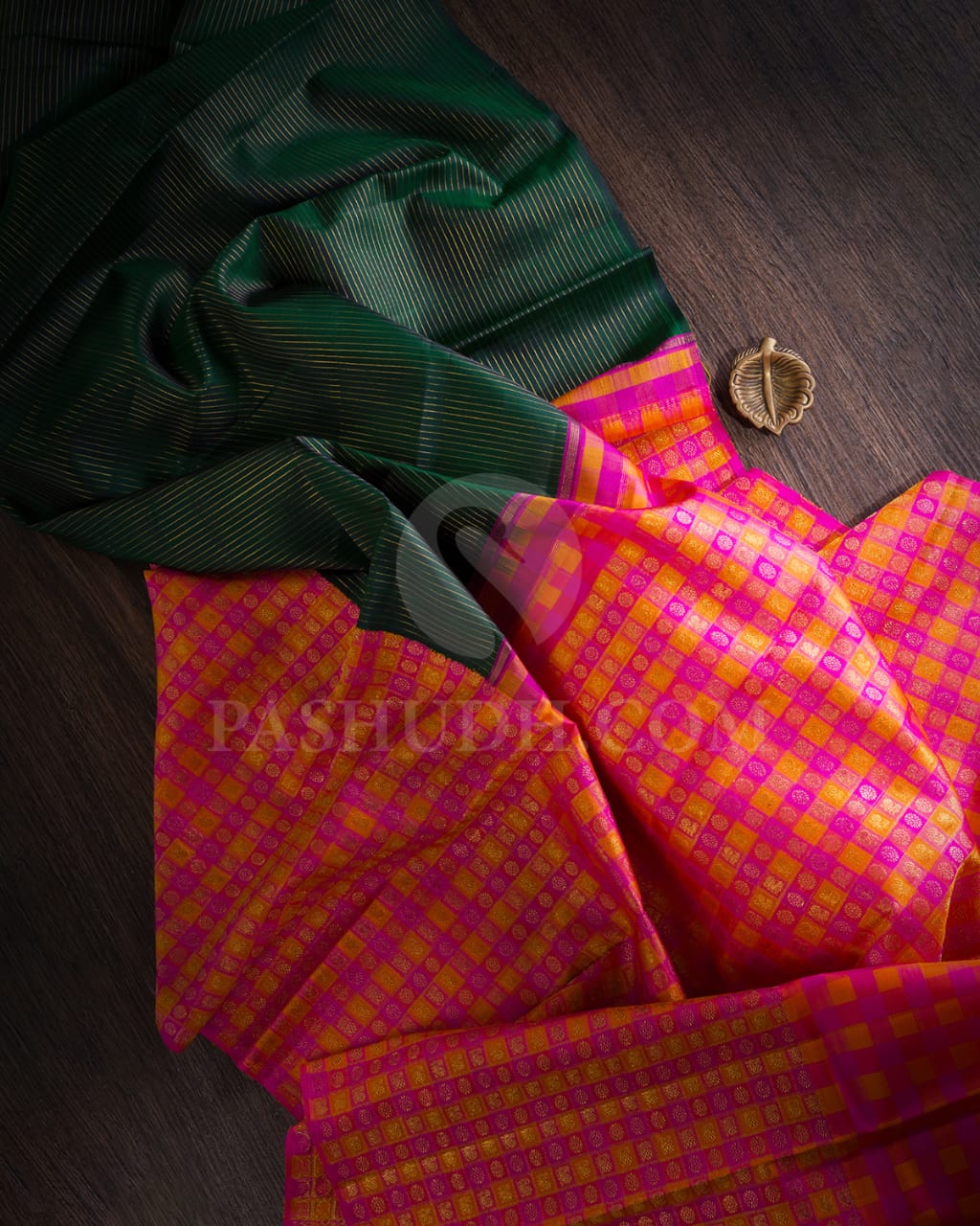 Bottle Green & Pink-Orange Kanjivaram Silk Saree-S1448(A)